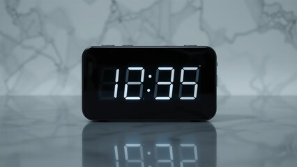 Modern Digital Alarm Clock Displaying Time on Reflective Surface