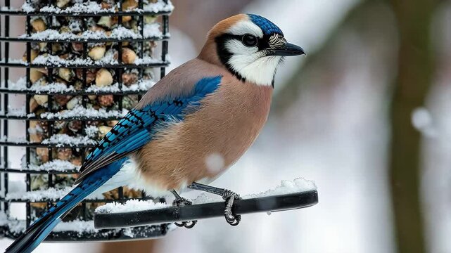Eurasian jay perched on feeder surrounded by snow in winter landscape, Eurasian jay (Garrulus glandarius) on the winter bird feeder
