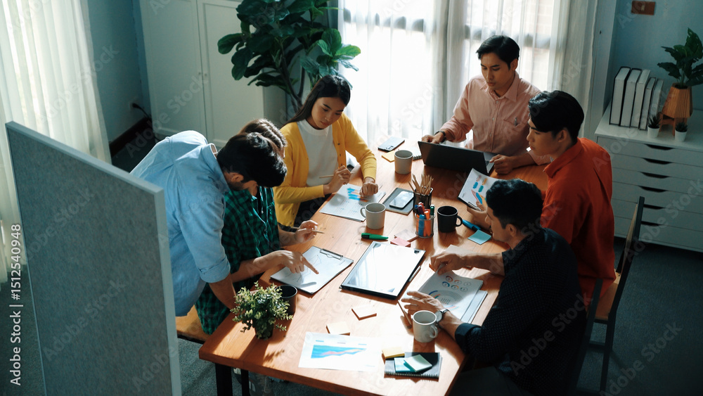 Wall mural top view of attractive diverse team clapping hands while project manager present creative idea at me