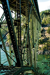 Detail side view of the green iron bridge at Deception Pass in Washington state showing the ironwork and the arched span_20100904_03407.