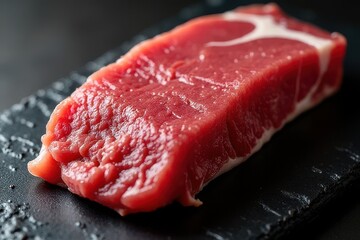 Close up shot of raw steak cutlet resting on a dark textured surface ready for cooking.