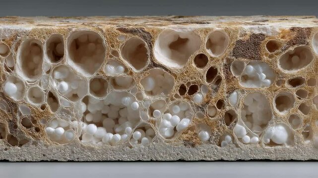 Magnified cross section revealing porous acoustic tile crafted from cigarette butts and mycelium, demonstrating sustainable material science with natural sound absorbing properties