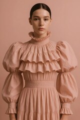 Elegant Woman in a Dusty Rose Puff Sleeve Dress with Ruffles, showcasing vintage fashion and feminine style.