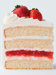Indulge in a slice of heaven! This layered vanilla cake is filled with sweet strawberry jam and topped with fresh strawberries. Pure dessert bliss.