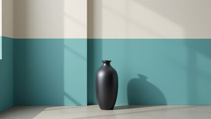 Minimalist Black Vase Against A Teal and White Wall Background
