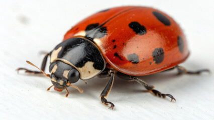 Fototapeta premium Red ladybug with black spots, sitting on a white surface