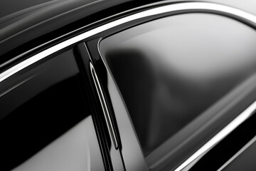 Glossy black car exterior detail with window and chrome trim, showcasing elegant automotive design. High contrast and smooth reflections.