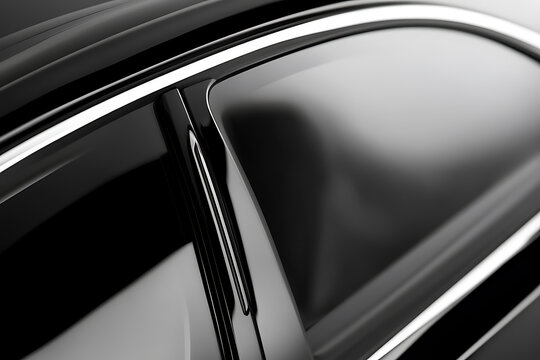 Glossy black car exterior detail with window and chrome trim, showcasing elegant automotive design. High contrast and smooth reflections.