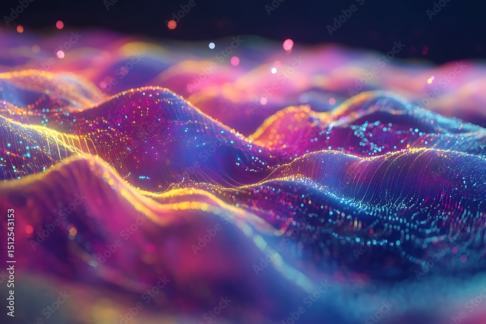 Poster quantum brain network with colorful waves, interconnected nanoscopic circuits and quantum particles