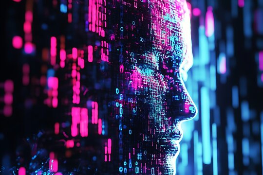 Pixelated brain map crafted from shimmering square nodes and cascading streams of binary code, glitch theme 