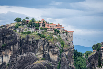 ancient churches in the remote mountains of the Meteora Valley in Greece on a May day