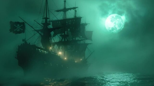 ghost pirate ship emerges from dense sea fog