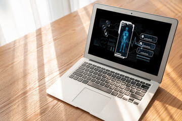 Medical science technology and futuristic healthcare virtual computer software analyze human health and diagnose disease for doctor data and medical research. brisk