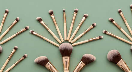 High-quality makeup brushes arranged in artistic pattern on green backdrop