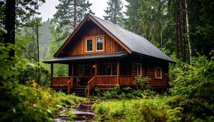 Cozy log cabin nestled in a misty forest