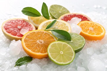Bright Citrus Fruit Slices on Ice with Fresh Green Leaves