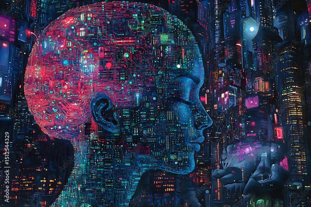 Poster radiant fractal ai brain pattern built from intertwining beams of light and data vortices, abstract 