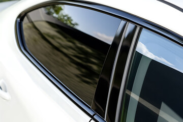Obraz premium A sleek, white automobile showcases tinted windows reflecting the outside scenery. The glossy surface of the car body accentuates its modern design.