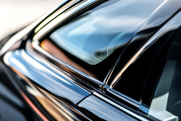 Glossy auto body detail reflecting light, showing curved lines and window glass. Sleek design with high-gloss black paint.