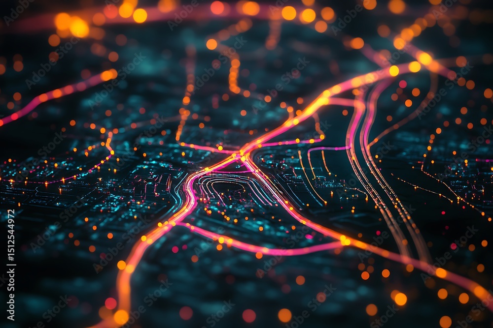 Aufkleber Translucent AI neural map with flowing neon highways and sparkling data clusters in black space 