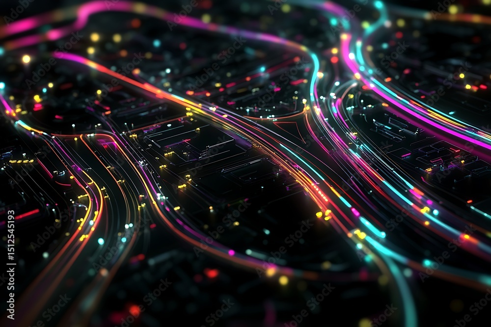 Aufkleber Translucent AI neural map with flowing neon highways and sparkling data clusters in black space 