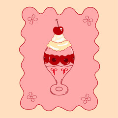 Vintage ice cream sundae with cherry and bow poster background