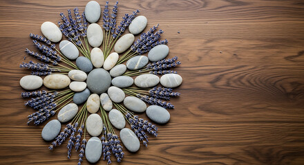 Decorative arrangement of pebbles and lavender on wooden surface