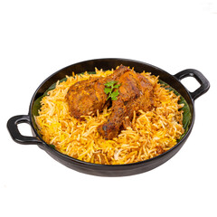 Andhra Style Chicken Biryani in a Black Kadhai Bowl on a Transparent PNG Background