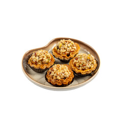 Four Piece Assorted Baklava in a Ceramic bowl on a Transparent PNG Background