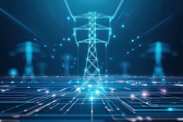 Futuristic digital illustration of a power transmission tower connected by glowing lines, symbolizing smart grids and advanced energy technology.