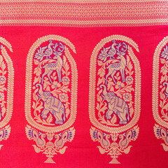 Indian Banarasi Saree pattern in Red and Golden Colour - Fabric Texture and Design - Deer and Elephant Pattern