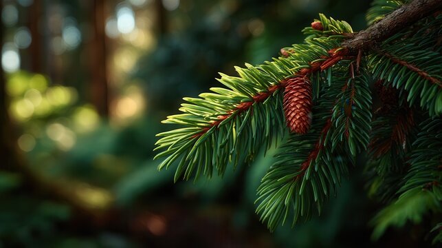 Serene pine branch with small brown cone hanging in sunlit forest, vibrant green needles against blurred woodland background with free copy space for text