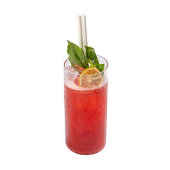 Red Cocktail with Basil Leaf garnish in a fancy Long Glass on a transparent glass