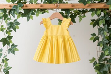 Yellow Pleated Child's Dress Hanging on Wooden Hanger with Green Leaves
