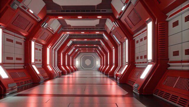 A red and white digital tunnel in space, creating a futuristic and mesmerizing visual experience.