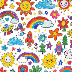 seamless pattern with rainbow and flowers