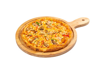 Chicken and Bell pepper Pizza on a Wooden Platter on a Transparent PNG Background