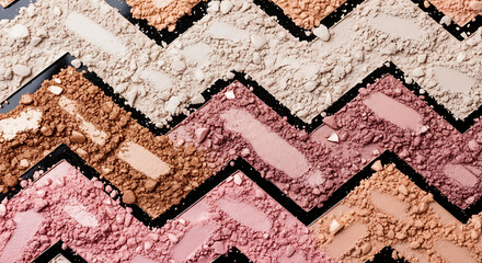 Colorful arrangement of cosmetic powders in chevron pattern on black surface