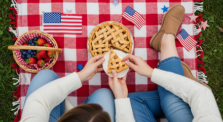 Enjoying a picnic with homemade pie and fresh fruit with american flags