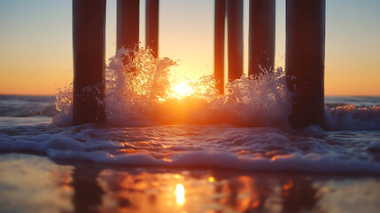 Ocean waves crashing against pier pillars during a sunset. Beautiful water reflections create a serene scene. Ideal for travel, nature or coastal ads.