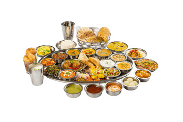 Huge Indian North indian vegetarian meal with thirty plus dishes like starters, main course and desserts on a Transparent PNG Background
