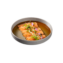 Salmon Carpaccio with Soy Sauce and Garnish on a Transparent PNG Background