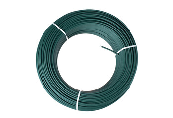 A coil of green PVC coated wire. Isolated on a white background.