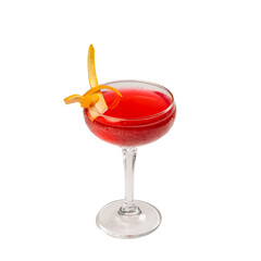 Red Cocktail with Orange garnish in a fancy Stem Glass on a transparent glass