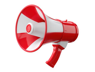 Red and white megaphone isolated on transparent background, a tool for amplifying sound.