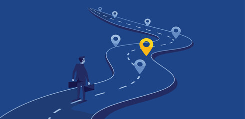 Success roadmap journey, milestone or career path achievement, route or pathway to achieve goals, accomplishment, assessment or way to success,