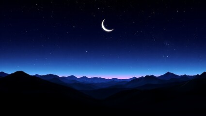 Obraz premium Crescent moon over silhouetted mountain range night sky stars