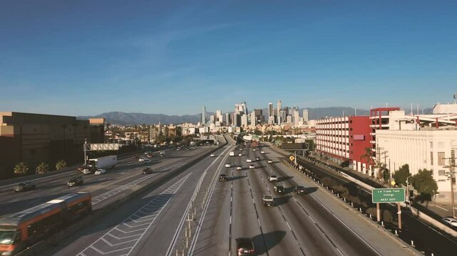 4K drone Video of downtown Los Angeles during sunset as a stablishing shot 4K