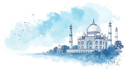Taj mahal watercolor illustration indian landmark architecture