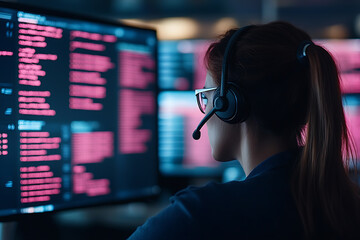 Focused programmer wearing headset, analyzing code on multiple screens in a dimly lit room. Data analysis, software development, and call center support.